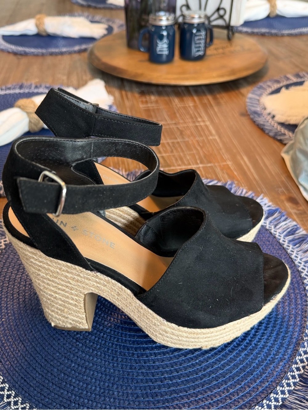 Black Suede Platform Espadrille Heels with Ankle Strap